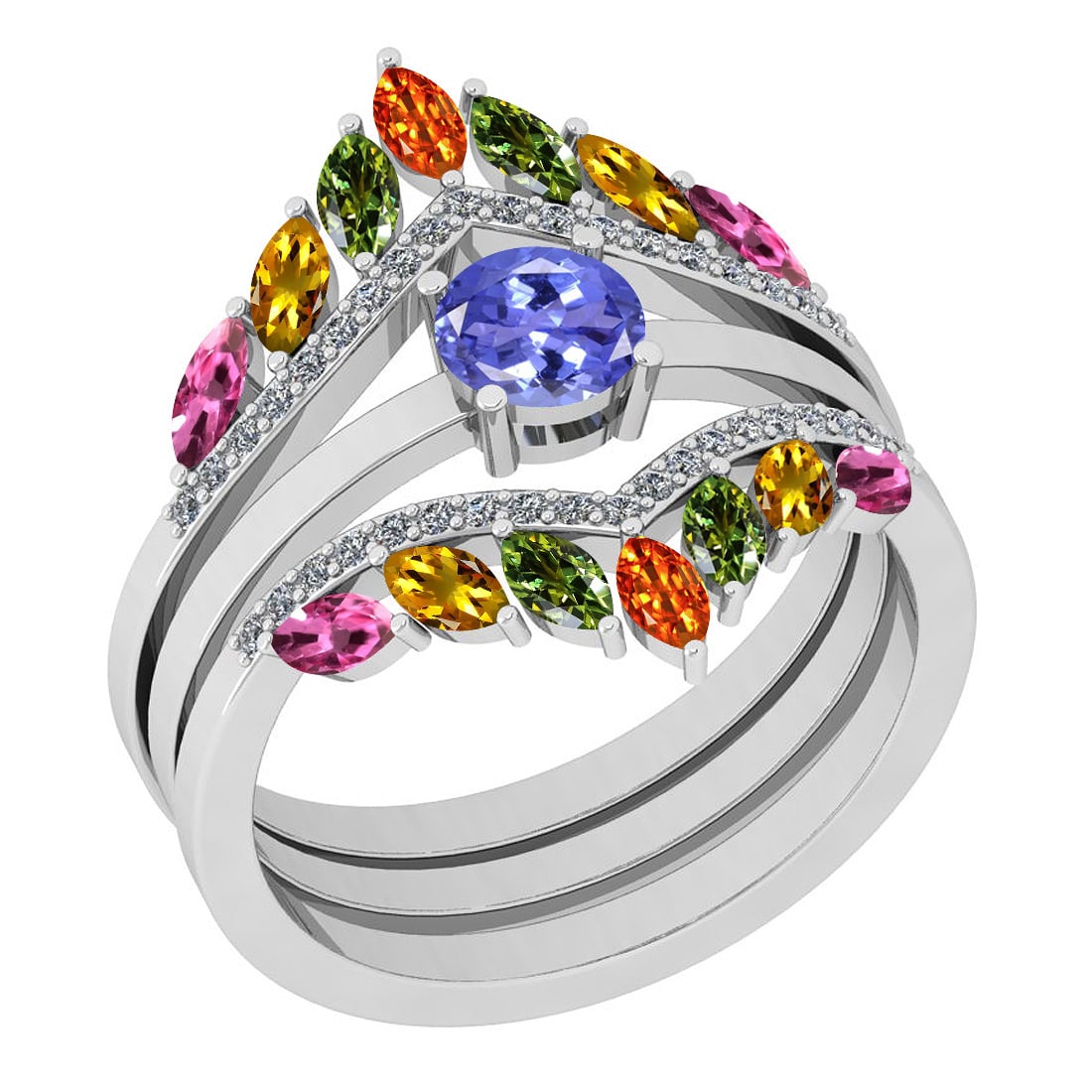 Certified 2.09 Ctw I2/I3 Multi Sapphire, tanzanite And Diamond 10K White Go: Multi Stone Approx Weight: 1.90 Ctw (Marquise Cut) Multi Stone Color: Sapphire tanzanite Center Setting: Prong Side Stone 0.19 ctw Side Stone Color: J-K Side Stone Setting: Prong Side Stone Clarity: I