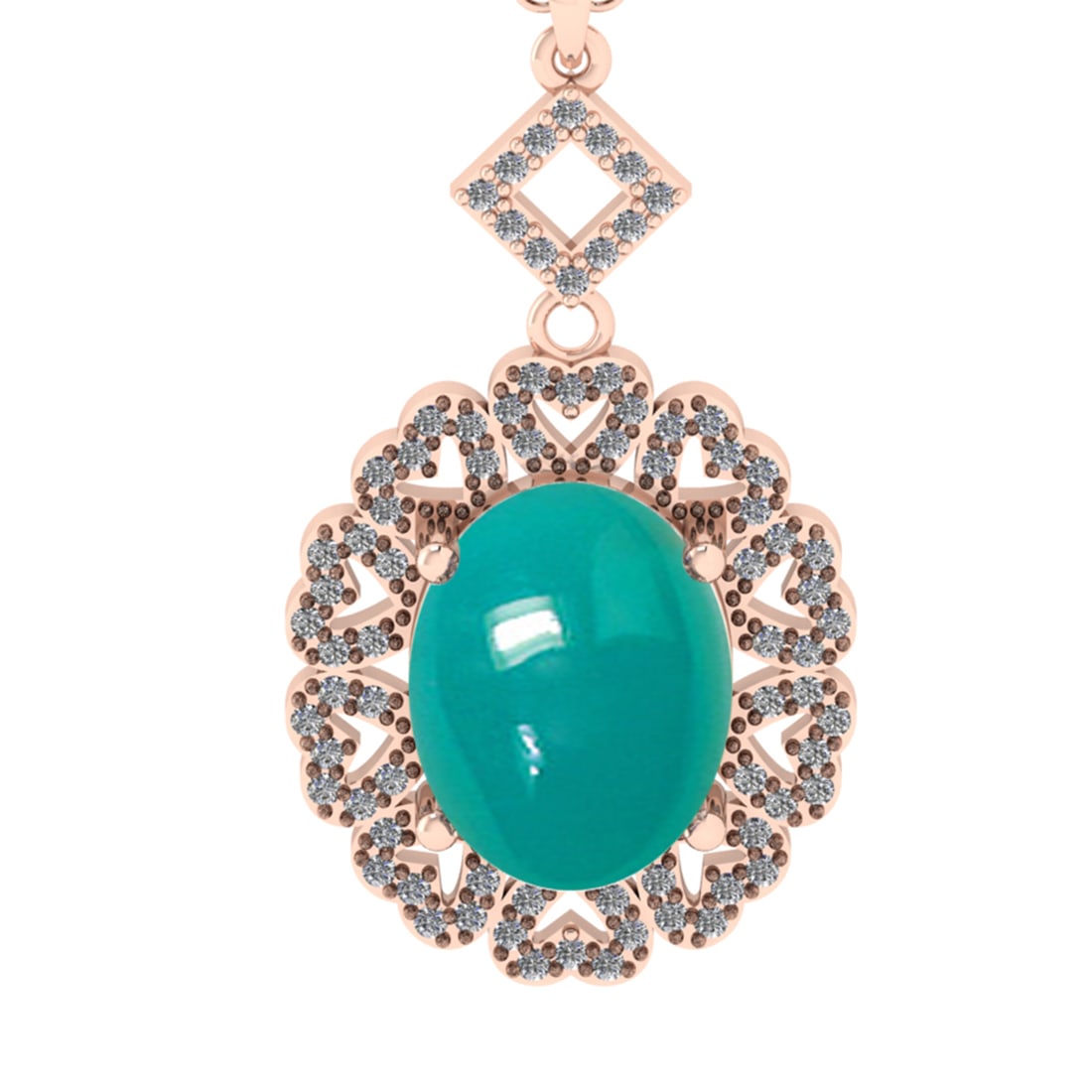 6.21 Ctw VS/SI1 Emerald and Diamond 14K Rose Gold Pendant: Color Stone Weight : 5.82 Ctw ( Oval Cab) Stone Color :- Emerald Center Stone Setting : Prong Side Weight Of Ctw 0.39 Ctw Color : J-K Clarity : VS/SI1 Stone Setting : Prong Metal Weight : Approx 4.20 