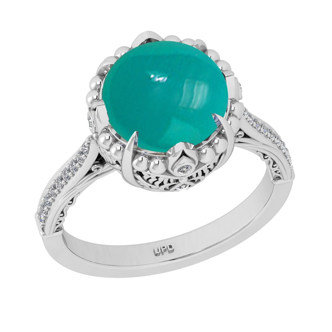 7.05 Ctw VS/SI1Emerald and Diamond 14K White Gold Engagement Ring: Color Stone Weight : 6.87 Ctw (Round Cab) Stone Color :- Emerald Center Stone Setting : Prong Side Weight Of Ctw 0.18 Ctw Color : J-K Clarity : VS/SI1 Stone Setting : Prong Metal Weight : Approx 7.40 