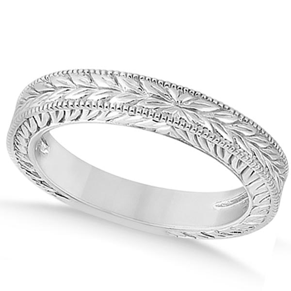 Vintage Style Carved Filigree Leaf Design Wedding Band in Platinum (1 of 1)