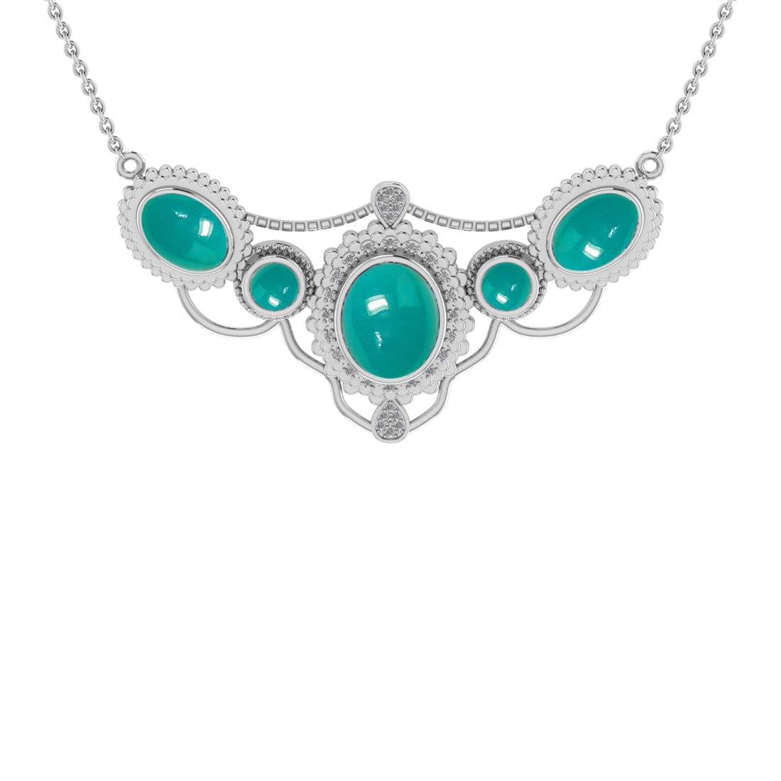 12.71 Ctw VS/SI1Emerald and Diamond 14K White Gold Pendant Necklace: Color Stone Weight : 12.55 Ctw (Round & Oval Cab) Stone Color :- Emerald Center Stone Setting : Prong Side Weight Of Ctw 0.16 Ctw Color : J-K Clarity : VS/SI1 Stone Setting : Prong Metal Weight : Appr