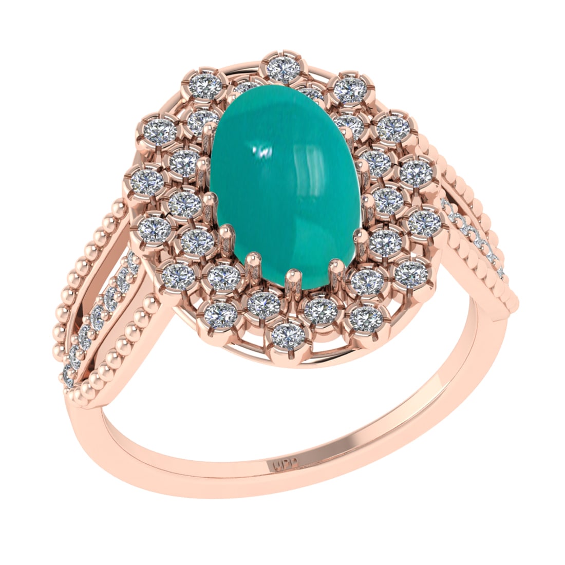 2.74 Ctw VS/SI1Emerald and Diamond 14K Rose Gold Engagement Ring: Color Stone Weight : 2.24 Ctw (Oval Cab) Stone Color :- Emerald Center Stone Setting : Prong Side Weight Of Ctw 0.50 Ctw Color : J-K Clarity : VS/SI1 Stone Setting : Prong Metal Weight : Approx 4.20 g