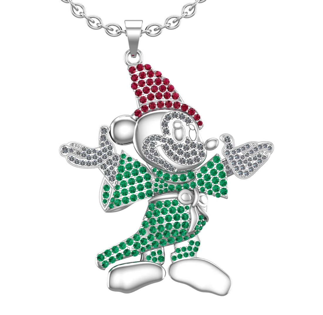 3.70 Ctw SI2/I1Ruby ,Emerald And Diamond 14K White Gold Disney Mickey Mouse (1 of 1)