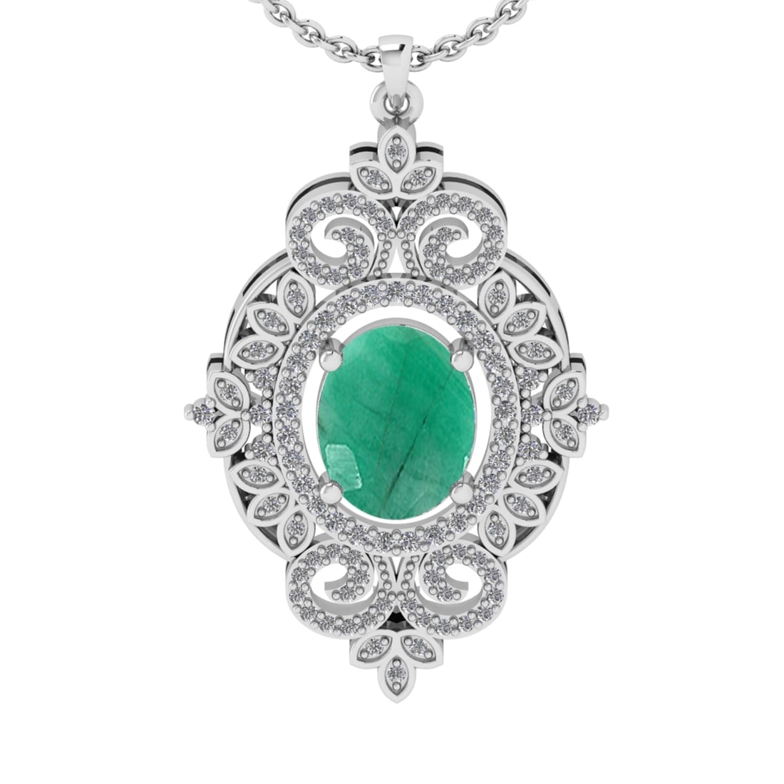 2.40 Ctw SI2/I1 Emerald and Diamond 14K White Gold Pendant Necklace: Center stone Weight :- 2.00 Ctw ( Oval Cut) Color :- Emerald Center Stone Setting : Prong Side Diamond Weight Of Ctw 0.40 Ctw Color : J-K Clarity : SI2/I1 Stone Setting : Prong Metal Weight : Approx 4