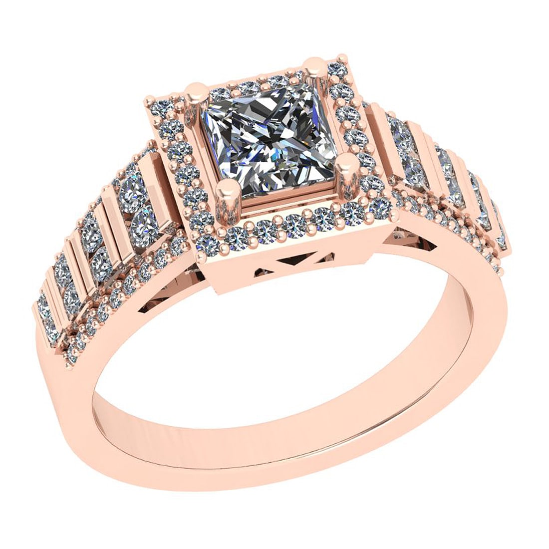 Certified 1.04 Ctw SI2/I1 Diamond 14K Rose Gold Vintage Style Wedding Halo: Center Approx Weight: 0.50 Ctw (Princess Cut) Center Diamond Color: G-H Center Clarity: SI2/I1 Center Setting: Prong Side Stone 0.54 ctw Side Stone Color: G-H Side Stone Setting: Prong Side Stone Clar