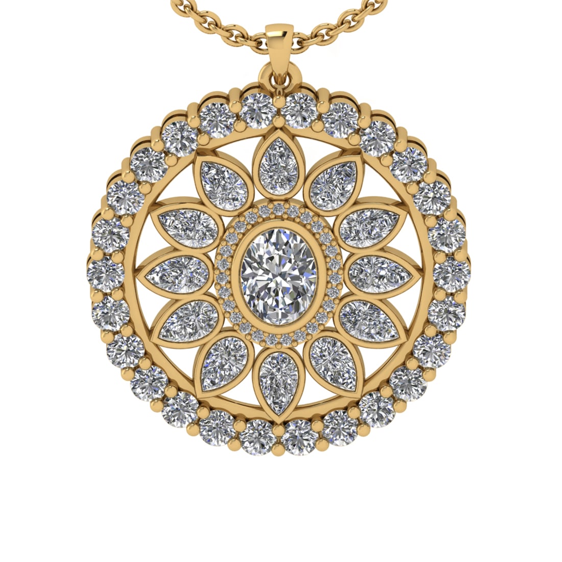 6.85 Ctw SI2/I1 Diamond 14K Yellow Gold Pendant Necklace: Center Diamond Weight :-: 4.25 Ctw ( Oval & Pear Cut) Color :- J-K Clarity : SI2/I1 Center Stone Setting : Prong Side Diamond Weight Of Ctw 2.60 Ctw Color : J-K Clarity : SI2/I1 Stone Setting : Prong 