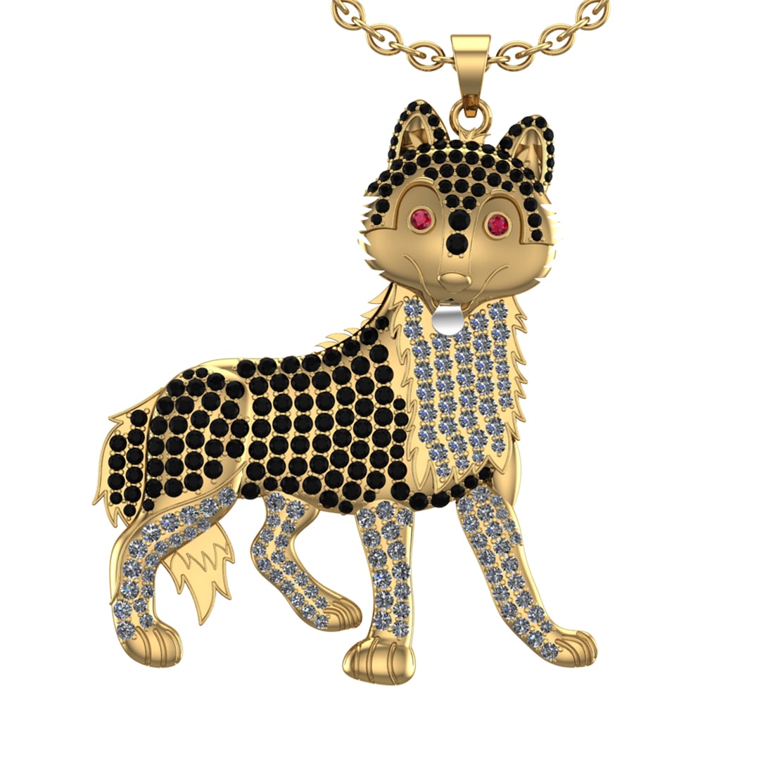6.87 Ctw Treated Fancy Black Diamond 14K Yellow Gold Cute Dog Pendant Neckl: Eye stone weight :-0.06 ctw Eye stone color :- Ruby Center Diamond Weight : 4.01 Ctw (Round Cut) Center Color :-Treated Fancy Black Diamond Clarity : SI2/I1 Setting : Prong Side Weight Of Ctw 2.80 Ctw