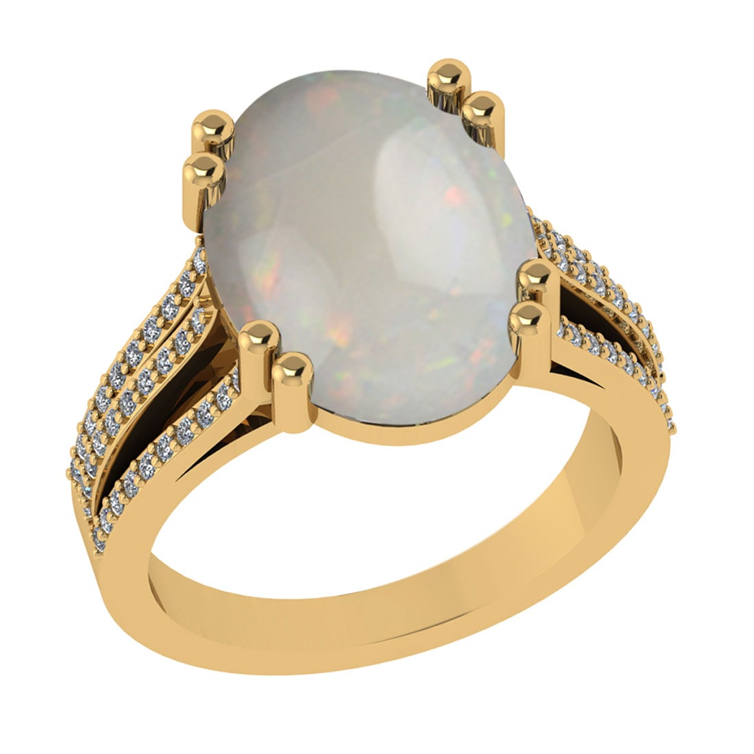 6.43 Ctw SI2/I1 Opal And Diamond 14K Yellow Gold Engagement Ring: Center Stone Weight : 6.12 Ctw ( Oval Cab ) Center Stone Color : Opal Stone Setting : Prong Side Diamond Weight Of Ctw 0.31 Ctw Side Stone Color : J-K Stone Clarity : SI2/I1 Stone Setting : Prong Meta