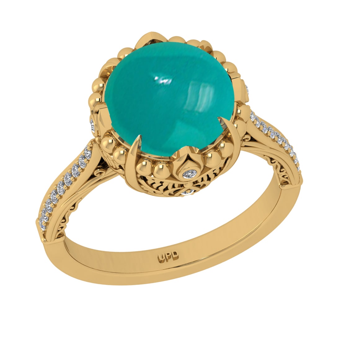 7.05 Ctw VS/SI1Emerald and Diamond 14K Yellow Gold Engagement Ring: Color Stone Weight : 6.87 Ctw (Round Cab) Stone Color :- Emerald Center Stone Setting : Prong Side Weight Of Ctw 0.18 Ctw Color : J-K Clarity : VS/SI1 Stone Setting : Prong Metal Weight : Approx 7.40 