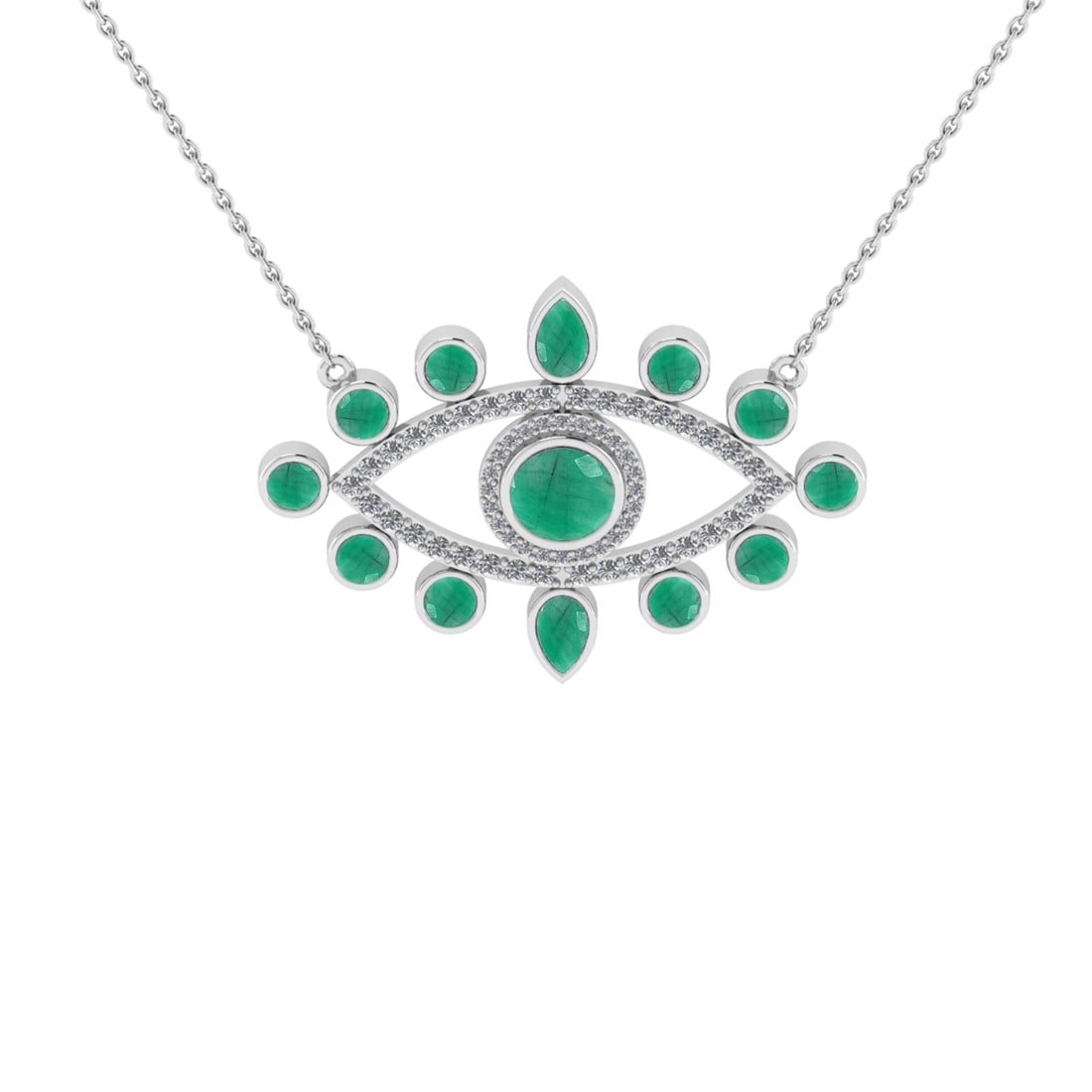 2.40 Ctw SI2/I1 Emerald and Diamond 14K White Gold Evil eye Pendant Necklac: Center stone Weight :- 1.80 Ctw ( Round & Pear Cut) Color :- Emerald Center Stone Setting : Prong Side Diamond Weight Of Ctw 0.60 Ctw Color : J-K Clarity : SI2/I1 Stone Setting : Prong Metal Weight : 