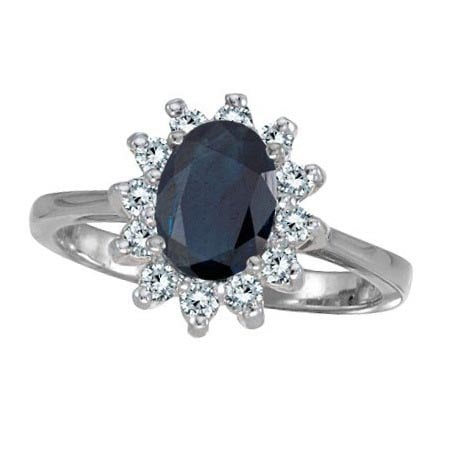 Lady Diana Blue Sapphire and Diamond Ring 14k White Gold 2.10 ctw: CENTER STONE; Sapphire CENTER STONE CLARITY; CENTER STONE COLOR; CENTER STONE SETTING; Prong SIDE STONE CLARITY; SI SIDE STONE COLOR; J-K SIDE STONE SETTING; Prong ctw OF SIDE STONE: 0.3 SIDE STONE QU