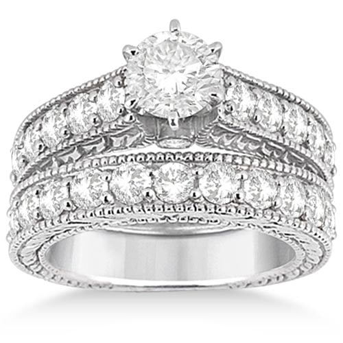 Antique style Diamond Wedding and Engagement Ring Set 14k White Gold 2.15ct: CENTER STONE; Diamond 1.00 CTW CENTER STONE CLARITY; SI1-SI2 CENTER STONE COLOR; J-K CENTER STONE SETTING; Bead SIDE STONE CLARITY; SIDE STONE COLOR; SIDE STONE SETTING; 1.15 ctw OF SIDE STONE: SIDE S