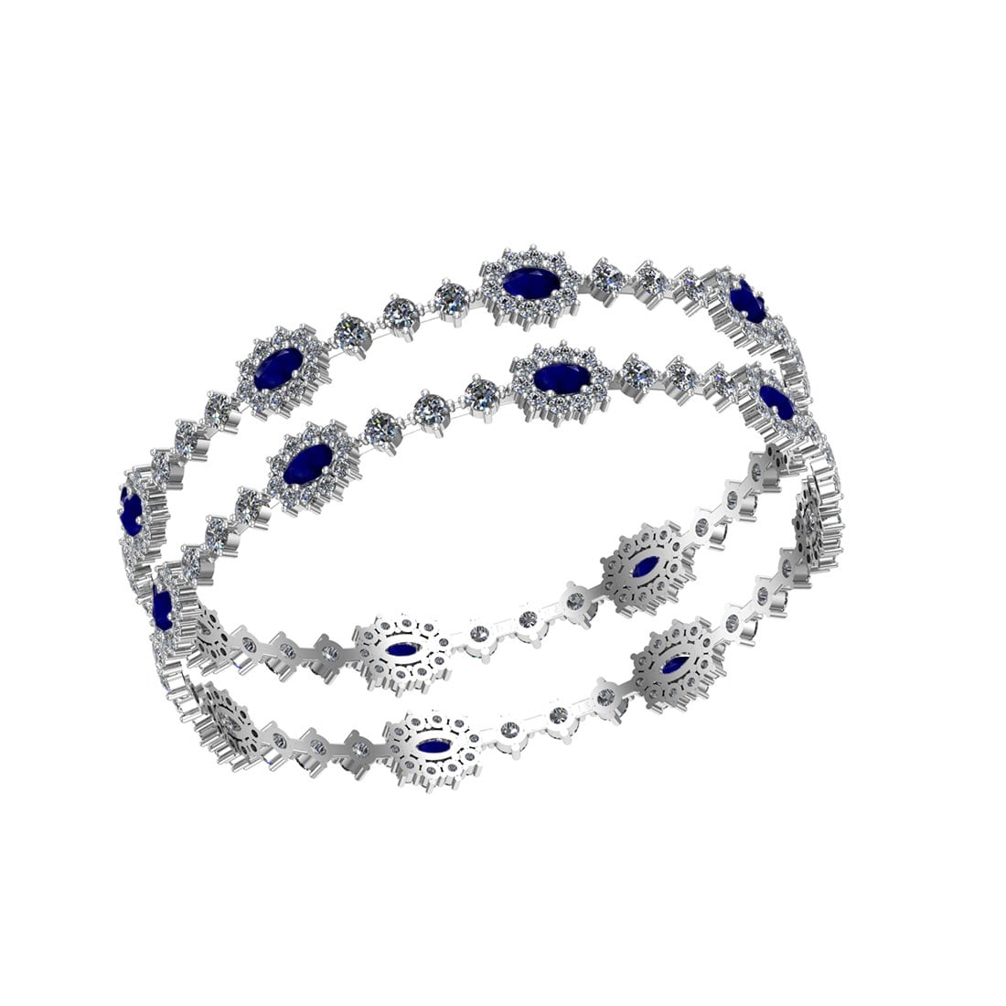 13.80 Ctw SI2/I1 Blue Sapphire And Diamond 14K White Gold Bangle: Center Stone Weight : 4.50 Ctw ( Oval Cut ) Center Stone Color : Blue Sapphire Center Stone Setting : Prong Side Stone Weight Of Ctw 9.30 Ctw Side Stone Color : White J-K Diamond Stone Clarity : SI2/I