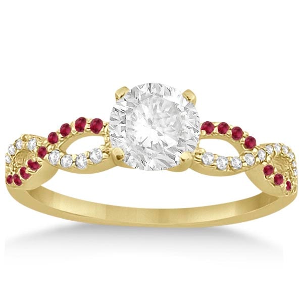 Infinity Diamond and Ruby Gemstone Engagement Ring 14K Yellow Gold 1.21ctw: CENTER STONE; DIAMOND (1.00 CTW) CENTER STONE CLARITY; SI1-SI2 CENTER STONE COLOR; J-K CENTER STONE SETTING; SIDE STONE CLARITY; SI1-SI2,Eye Clean SIDE STONE COLOR; J-K,Red SIDE STONE SETTING; Micro