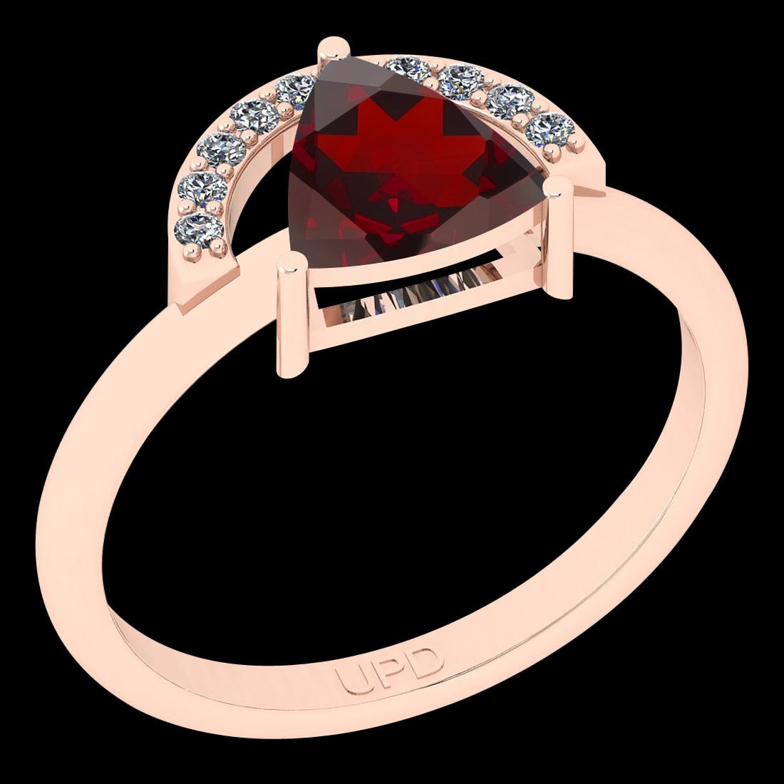 Certified 1.56 Ctw I2/I3 Garnet And Diamond 10K Rose Gold Ring: Center Stone Approx Weight: 1.46 Ctw (Trillion Cut) Center Stone Color: Garnet Center Stone Setting: Prong Side Stone 0.10 Ctw Side Stone Color: J-K Stone Clarity: I2/I3 Stone Setting: Prong Metal