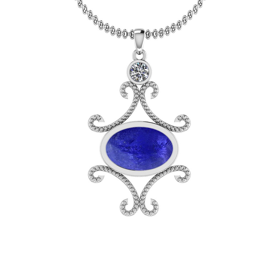 Certified 8.05 Ctw Tanzanite and Diamond I1/I2 14K White Gold Victorian Sty: Color Stone Approx Weight: 7.80 Ctw (1 pcs Oval Cabochon) Center Stone Color: Tanzanite Center Stone Setting: Bezel Side Stone Approx Weight: 0.25 Ctw Side Stone Color: J-K Stone Clarity: I1/I2 Stone 