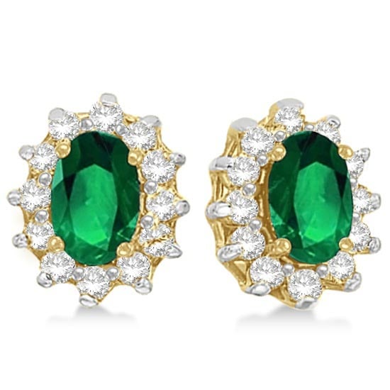 Oval Emerald and Diamond Accented Earrings 14k Yellow Gold 2.05ctw: CENTER STONE; Emerald CENTER STONE CLARITY; CENTER STONE COLOR; CENTER STONE SETTING; Prong SIDE STONE CLARITY; SI SIDE STONE COLOR; H-I SIDE STONE SETTING; Prong ctw OF SIDE STONE: 0.25 SIDE STONE QU