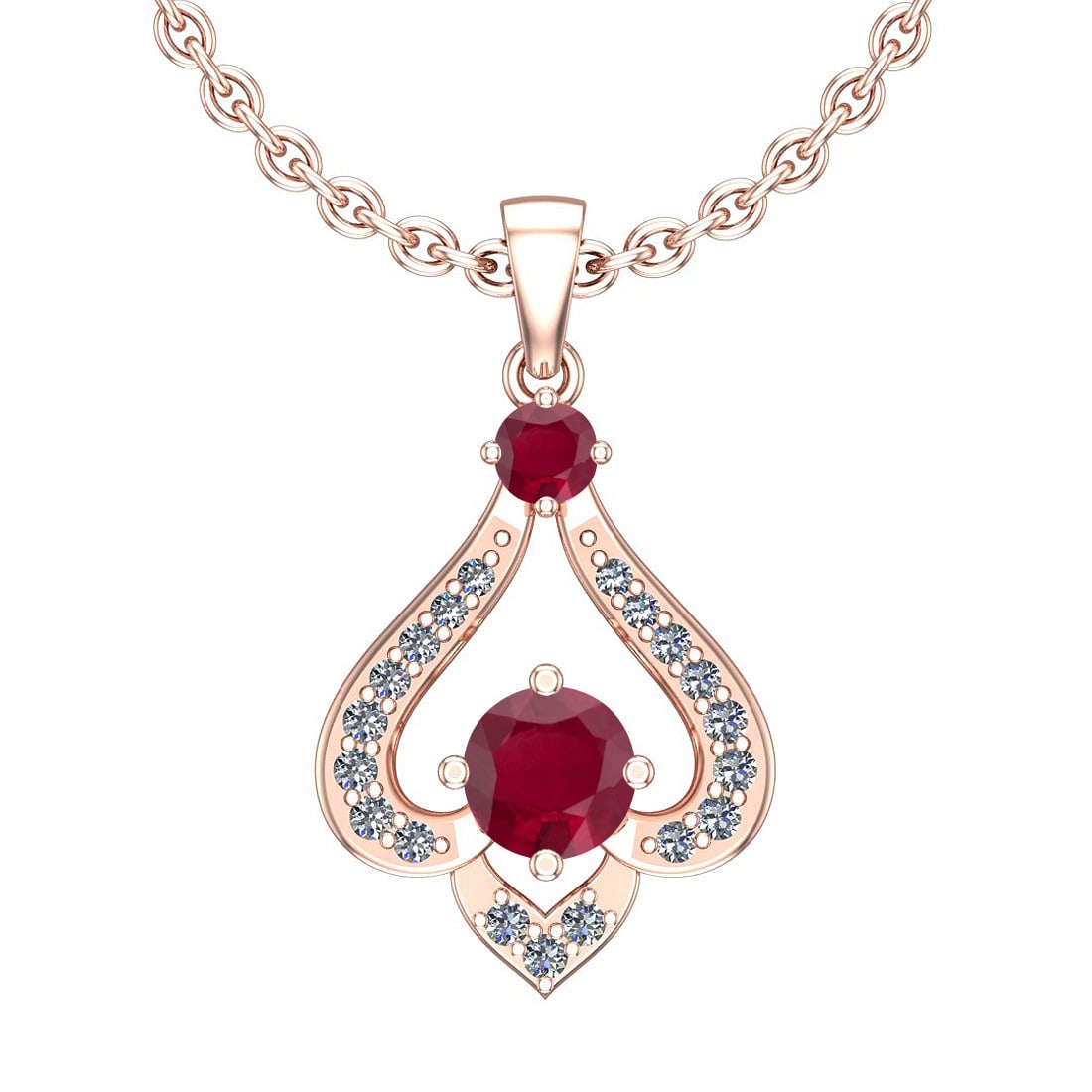 0.77 Ctw VS/SI1 Ruby And Diamond 14K Rose Gold Vintage Style Necklace: Center Stone Weight: 0.60 Ctw Round Cut Center Stone Color: Ruby Center Stone Setting: Prong Side Stone 0.17 Ctw Side Stone Color: J-K Stone Clarity: VS/SI1 Stone Setting: Prong Metal Weight: 2.00 Gra
