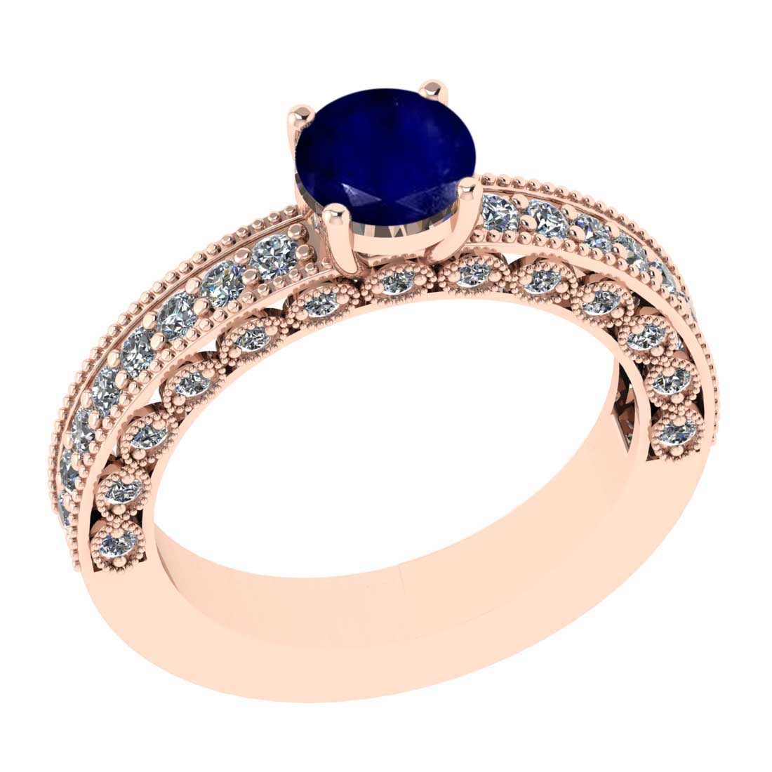 1.76 Ctw SI2/I1 Blue Sapphire and Diamond 14K Rose Gold Engagement Halo Rin: Center Stone Weight : 1.00 Ctw ( Round Cut) Center stone Color :-Blue Sapphire Setting : Prong Side Weight Of Ctw 0.76 Ctw Color : J-K Clarity : SI2/I1 Stone Setting : Prong Metal Weight : Approx 4.40