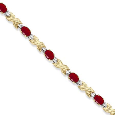 Ruby and Diamond XOXO Link Bracelet in 14k Yellow Gold 6.65ctw: CENTER STONE; Ruby CENTER STONE CLARITY; CENTER STONE COLOR; CENTER STONE SETTING; Prong SIDE STONE CLARITY; SI SIDE STONE COLOR; H SIDE STONE SETTING; Prong ctw OF SIDE STONE: 0.05 SIDE STONE QUALITY