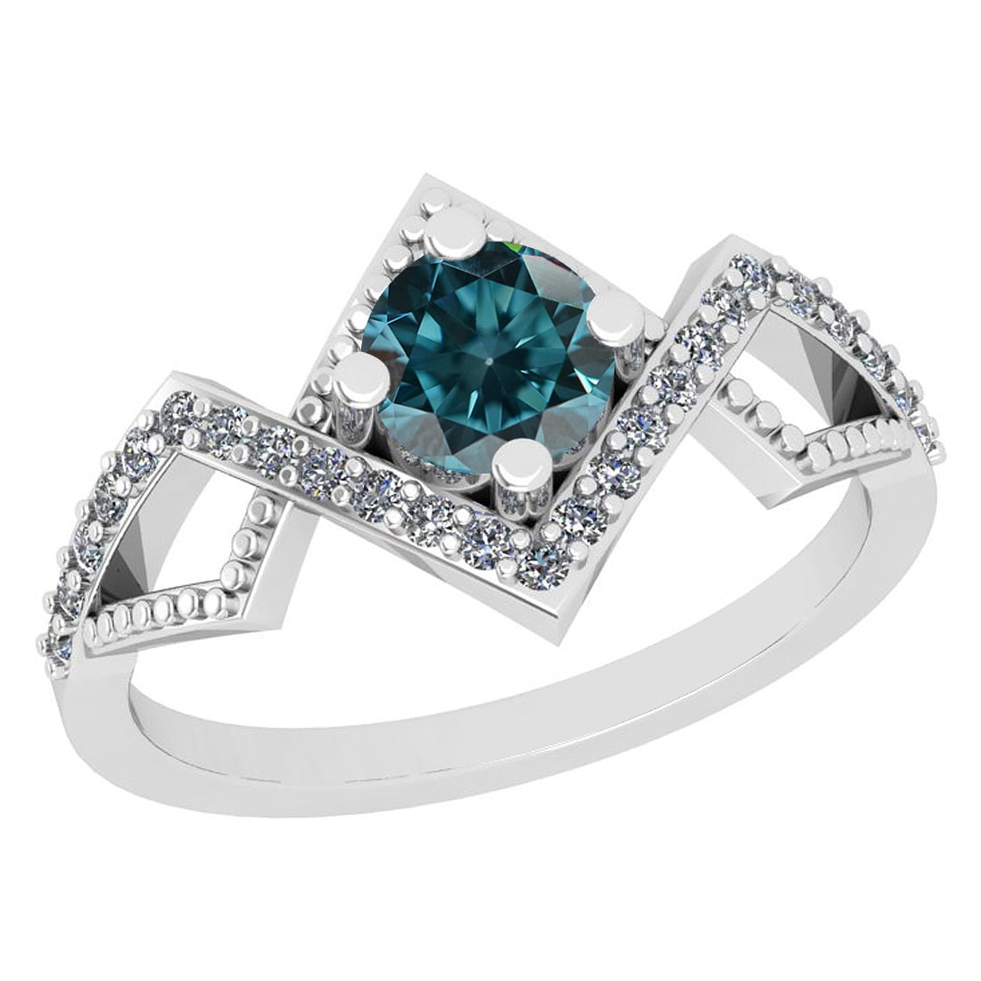 0.70 Ctw I2/I3 Treated Fancy Blue And White Diamond 14K White Gold Ring: Center Diamond Weight : 0.50 Ctw ( Round Cut) Center Color :-Treated Fancy Blue Diamond Center Stone Clarity :- I2/I3 Center Stone Setting : Prong Side Stone Weight Of Ctw 0.20 Ctw Side Stone Color : 