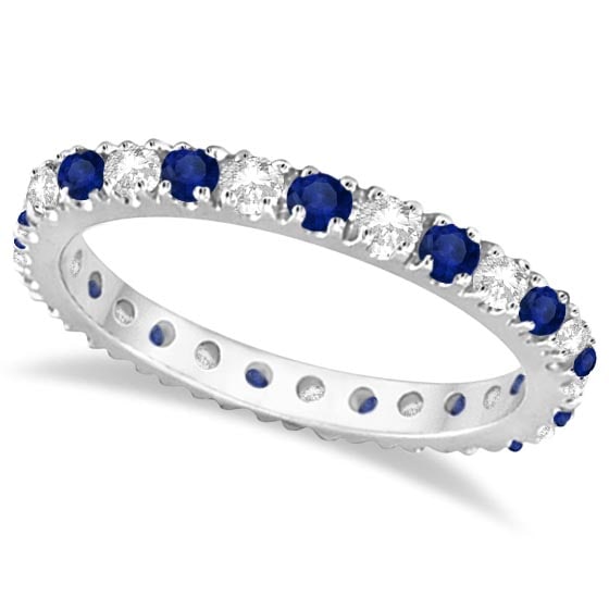 Diamond and Blue Sapphire Eternity Band Ring Guard 14K White Gold 0.51ctw: CENTER STONE; Sapphire CENTER STONE CLARITY; CENTER STONE COLOR; Blue CENTER STONE SETTING; Prong SIDE STONE CLARITY; SI SIDE STONE COLOR; J-K SIDE STONE SETTING; Prong ctw OF SIDE STONE: 0.25 SIDE ST