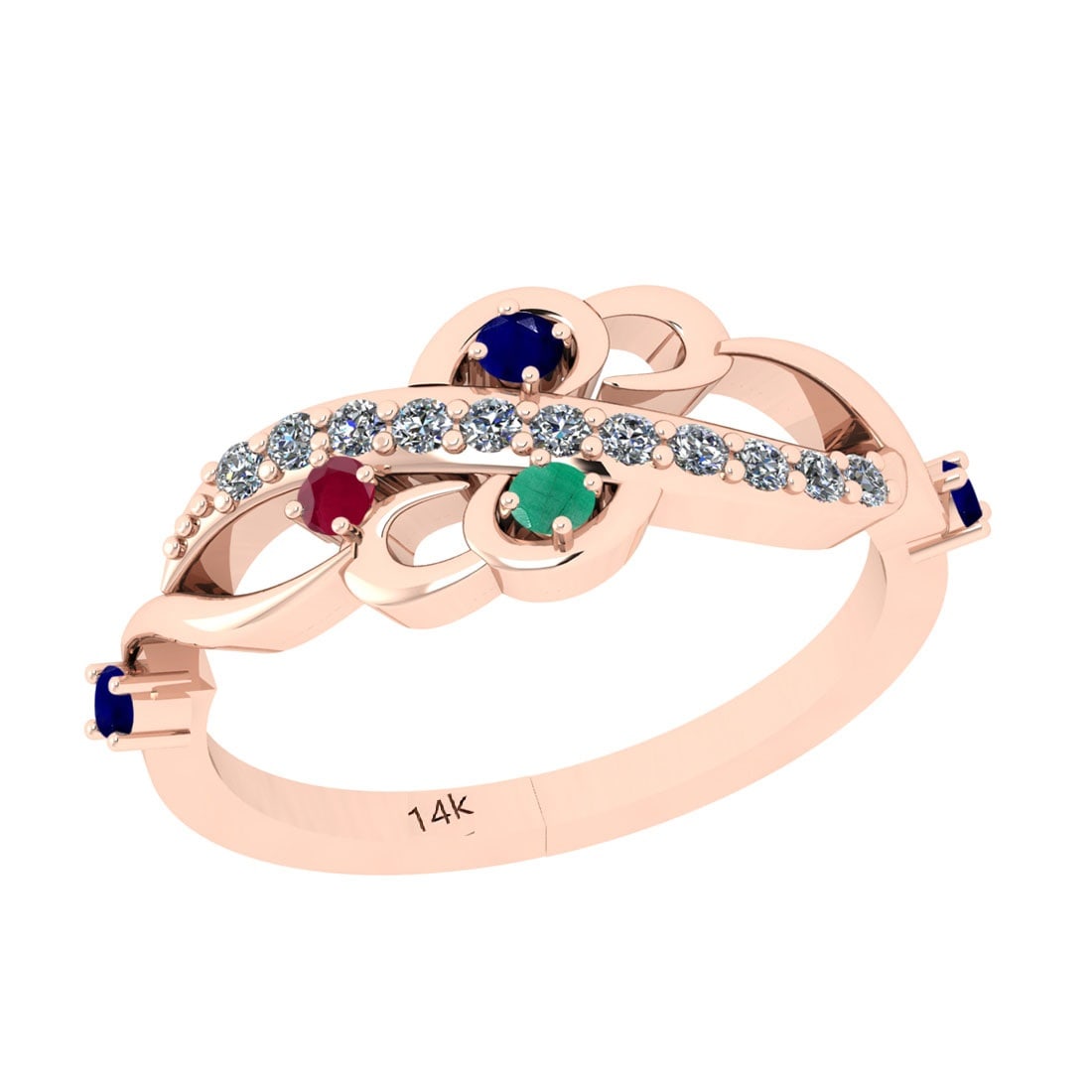 0.50 Ctw SI2/I1 Multi Stone And Diamond 14K Rose Gold Ring: Multi Stone Weight : 0.35 Ctw ( Round Cut ) Multi Stone Color : Blue Sapphire,Emerald,Ruby Multi Stone Setting : Prong Side Stone Weight Of Ctw 0.15 Ctw Side Stone Color : White G-H Diamond Stone Clar