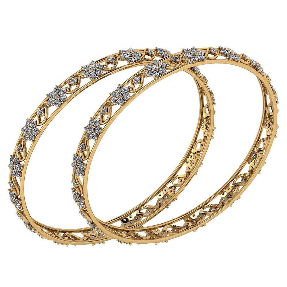 Certified 7.68 Ctw Diamond VS/SI1 Bangles 14K Yellow Gold Made In USA: Center Stone Approx Weight: 7.68 Ctw (256 Pcs Round) Center Stone Color: White G-H Diamond Stone Clarity: VS/SI1 Stone Setting: Prong Metal Approx Weight: 19.40 Gram Bangles Size: 57 mm 224 Inches 14K
