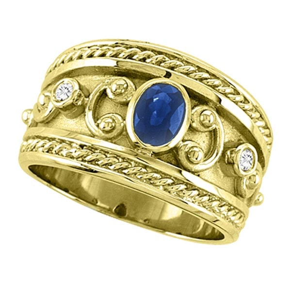 Oval Blue Sapphire and Diamond Byzantine Ring 14k Yellow Gold 0.73ctw: CENTER STONE; Sapphire CENTER STONE CLARITY; CENTER STONE COLOR; Blue CENTER STONE SETTING; Bezel SIDE STONE CLARITY; SI SIDE STONE COLOR; J-K SIDE STONE SETTING; Bezel ctw OF SIDE STONE: 0.06 SIDE ST