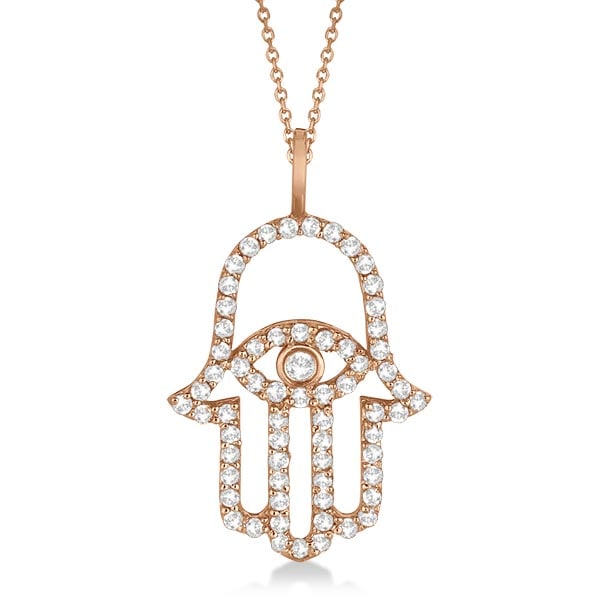 Diamond Hamsa Evil Eye Pendant Necklace 14k Rose Gold 0.51ctw: CENTER STONE; Diamond,Diamond CENTER STONE CLARITY; SI1-SI2#SI1-SI2 CENTER STONE COLOR; J-K,J-K CENTER STONE SETTING; Pave,Bezel SIDE STONE CLARITY; SIDE STONE COLOR; SIDE STONE SETTING; ctw OF SIDE