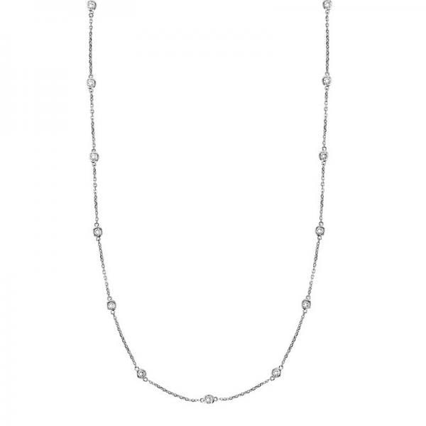 36 inch Station Station Necklace 14k White Gold 1.00ctw: CENTER STONE; Diamond CENTER STONE CLARITY; SI1-SI2 CENTER STONE COLOR; J-K CENTER STONE SETTING; Bezel SIDE STONE CLARITY; SIDE STONE COLOR; SIDE STONE SETTING; ctw OF SIDE STONE: SIDE STONE