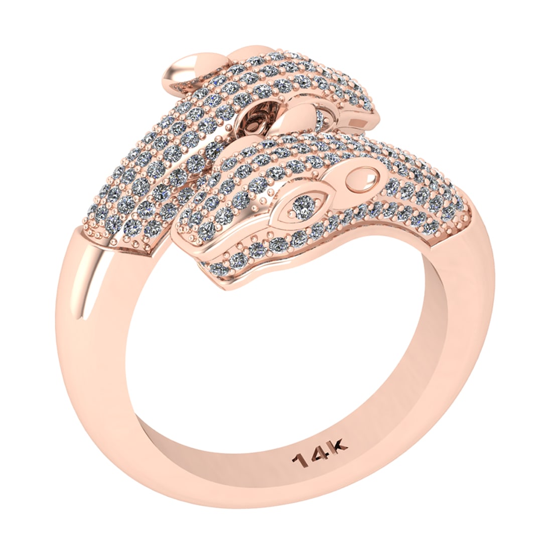 1.10 Ctw Si2/i1 Diamond 14K Rose Gold Creature Ring: Total Weight : 1.10 Ctw (Round Cut ) Diamond Stone Color : J-K Stone Clarity : Si2/i1 Diamond Stone Setting : Prong Metal Weight : Approx 15.10 Gram 14K Rose Gold Creature Ring Current Ring Size-8