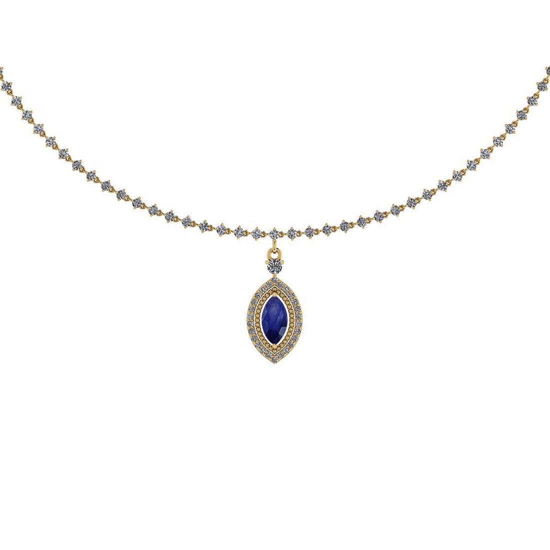 Certified 5.23 Ctw Blue Sapphire And Diamond SI2/I1 14K Yellow Gold Pendant: Center Stone Approx Weight: 0.95 Ct (1 Pcs Marquise Cut) Center Stone Color: Blue Sapphire Center Stone Setting: Prong Side Stone 4.28 Ctw Side Stone Color: G-H Stone Clarity : SI2/I1 Stone Setting: P