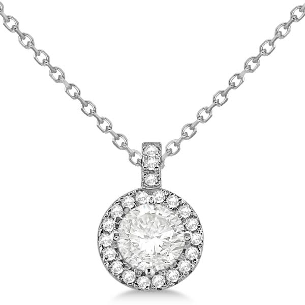 Diamond Halo Pendant Necklace Round Solitaire 14k White Gold 1.00ctw: CENTER STONE; Diamond CENTER STONE CLARITY; SI1-SI2 CENTER STONE COLOR; J-K CENTER STONE SETTING; Prong SIDE STONE CLARITY; SI1-SI2 SIDE STONE COLOR; J-K SIDE STONE SETTING; Pave ctw OF SIDE STONE: 0.