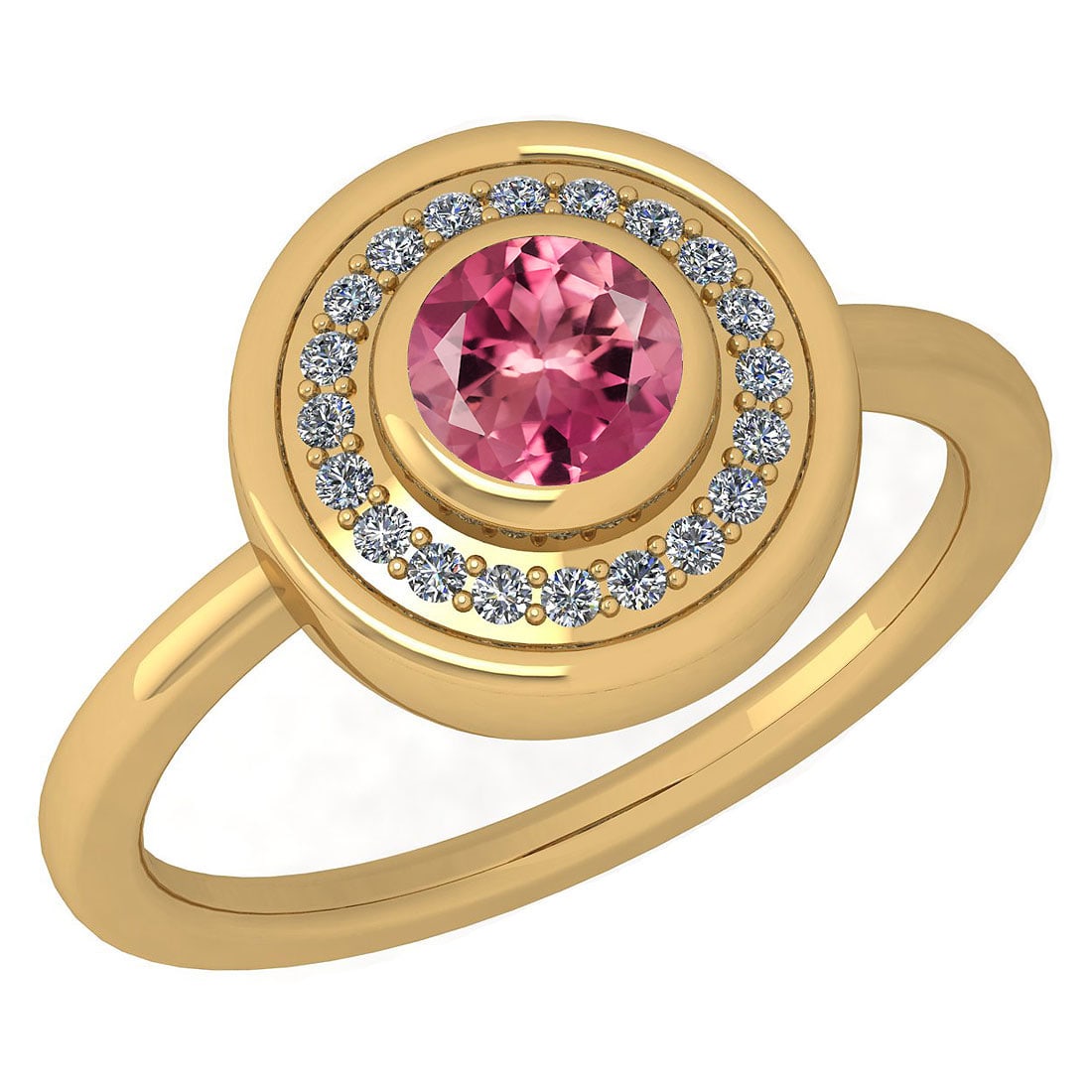 Certified 0.62 Ctw Pink Tourmaline And Diamond Ladies Fashion Halo Ring 14K: Center Stone Weight ; 0.50 Ctw (1 Pcs Round) Center Stone Color: Pink Tourmaline Center Stone Setting ; Prong Side Stone (20 Pcs Round Cut Diamond) 0.12 ctw Side Stone Color: White G-H Diamond Side St