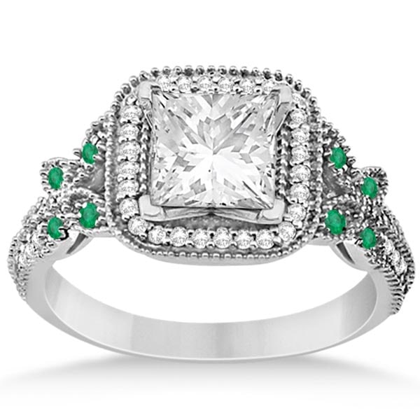 Emerald Square-Halo Butterfly Engagement Ring Platinum 1.34ctw: CENTER STONE; DIAMOND (1.00 CTW) CENTER STONE CLARITY; SI1-SI2 CENTER STONE COLOR; J-K CENTER STONE SETTING; SIDE STONE CLARITY; SI1-SI2,Eye Clean SIDE STONE COLOR; J-K,Green SIDE STONE SETTING; Pave,