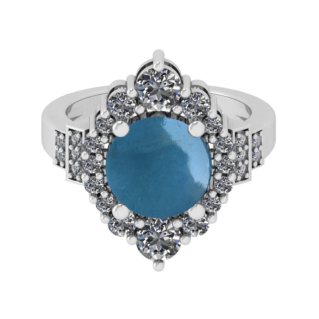 4.30 Ctw SI2/I1 Aquamarine And Diamond 14K White Gold Engagement Ring: Color Stone Weight : 3.20 Ctw (Round Cabochon ) Center Stone Color : Aquamarine Center Stone Setting : Prong Side Stone Weight Of Ctw 1.10 Ctw Side Stone Color : J-K Stone Clarity : SI2/I1 Stone Setti