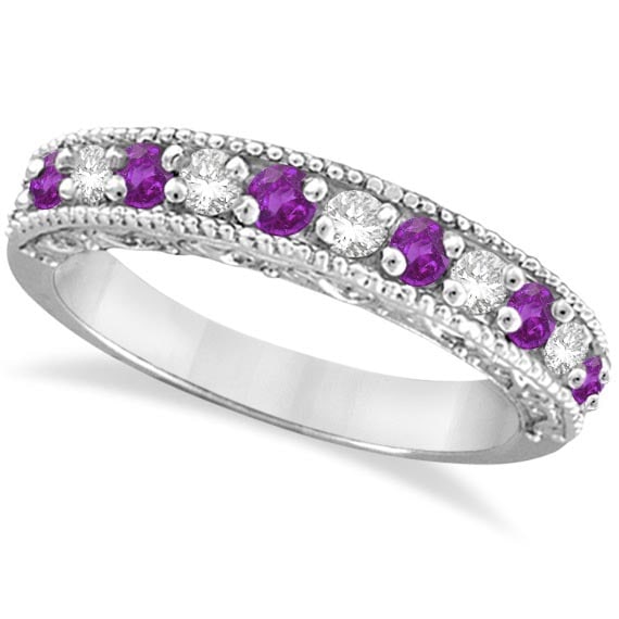 Diamond and Amethyst Band Filigree Design Ring 14k White Gold 0.60ctw: CENTER STONE; Amethyst CENTER STONE CLARITY; CENTER STONE COLOR; Purple CENTER STONE SETTING; Prong SIDE STONE CLARITY; SI SIDE STONE COLOR; J-K SIDE STONE SETTING; Prong ctw OF SIDE STONE: 0.23 SIDE 