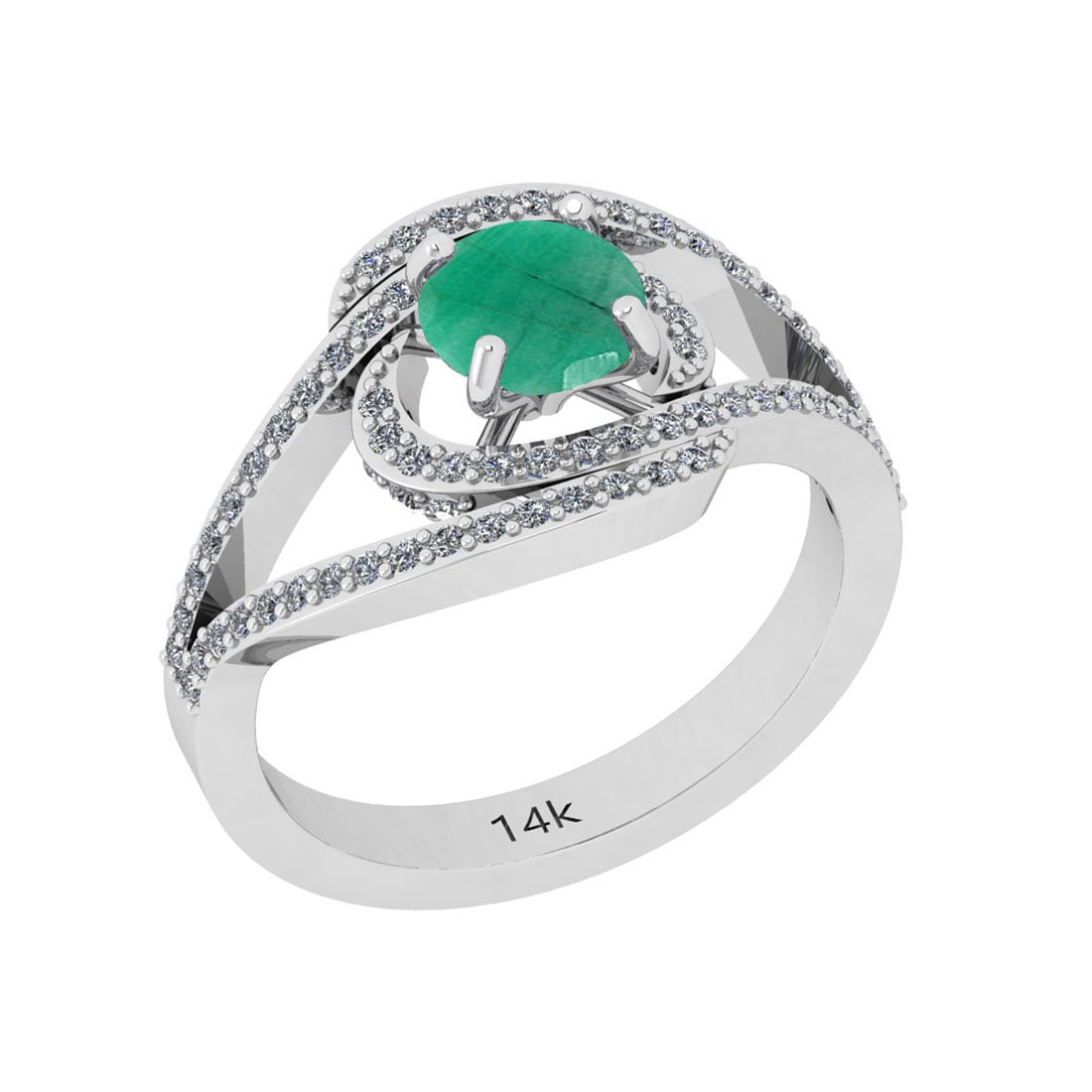 1.41 Ctw I2/I3 Emerald And Diamond 14k White Gold Ring: Center Stone Weight ; 1.00 Ctw ( 1 Pec Round) Center Stone Color : Emerald Center Stone Setting ; Prong Side Diamond Weight of Ctw ; 0.41 ctw Side Diamond Color : J-K Side Stone Setting: Prong Side
