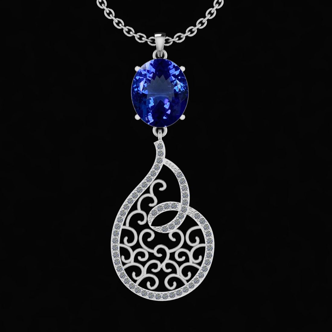 7.29 Ctw VS/SI1 Tanzanite And Diamond 10K White Gold Vintage Style Pendant: Color Stone Weight : 6.95 Ctw (1 Psc Oval ) Center Stone Color : Tanzanite Center Stone Setting : Bezel Side Stone Weight Of Ctw 0.34 Ctw Side Stone Color : G-H Stone Clarity : VS/SI1 Stone Setting : 