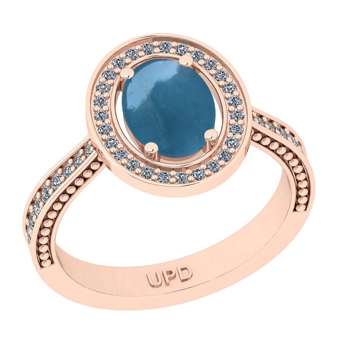 2.60 Ctw I2/I3 Aquamarine And Diamond 14K Rose Gold Engagement Ring: Center Stone Weight : 2.29 Ctw ( Oval Cab) Center Stone Color :-Aquamarine Stone Setting : Prong Side Stone Weight Of Ctw 0.31 Ctw Side Stone Color : J-K Stone Clarity : I2/I3 Stone Setting : Prong