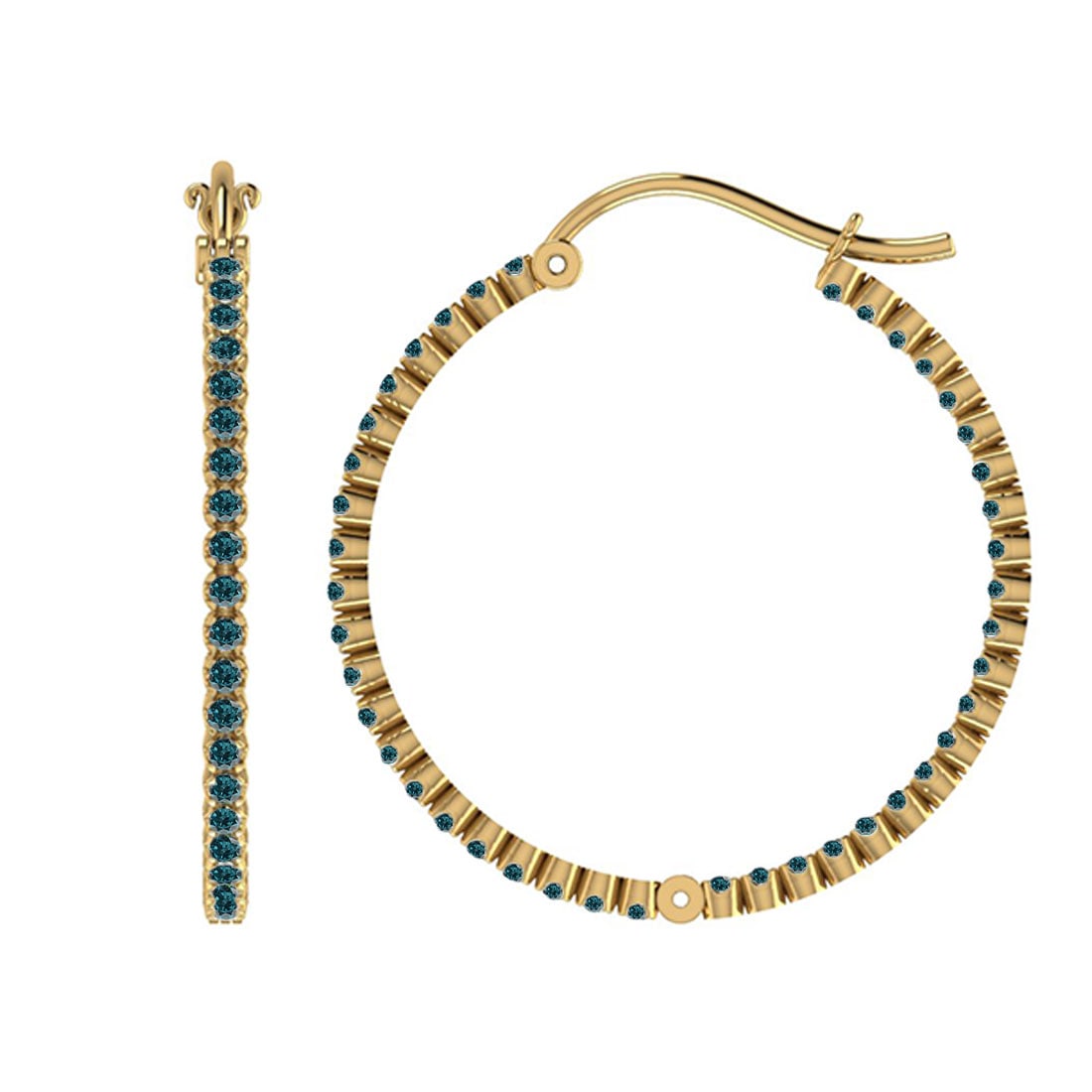 1.52 Ctw i2/i3 Treated Fancy Blue Diamond 14K Yellow Gold Hoop Earrings: Center Diamond Weight : 1.52 Ctw (Round Cut) Center Diamond Color :-Treated Fancy Blue Diamond Center Clarity : I2/I3 Stone Setting : Prong Metal Weight : Approx 6.50 Gram 14K Yellow Gold Hoop Earring