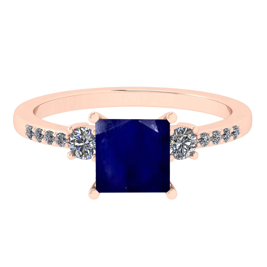 1.53 Ctw VS/SI1 Blue Sapphire And Diamond 14K Rose Gold Cocktail Ring: Center Stone Weight : 1.25 Ctw ( Princess Cut ) Center Stone Color : Blue Sapphire Stone Setting : Prong Side Diamond Weight Of Ctw 0.28 Ctw Side Stone Color : J-K Stone Clarity : VS/SI1 Stone Setting