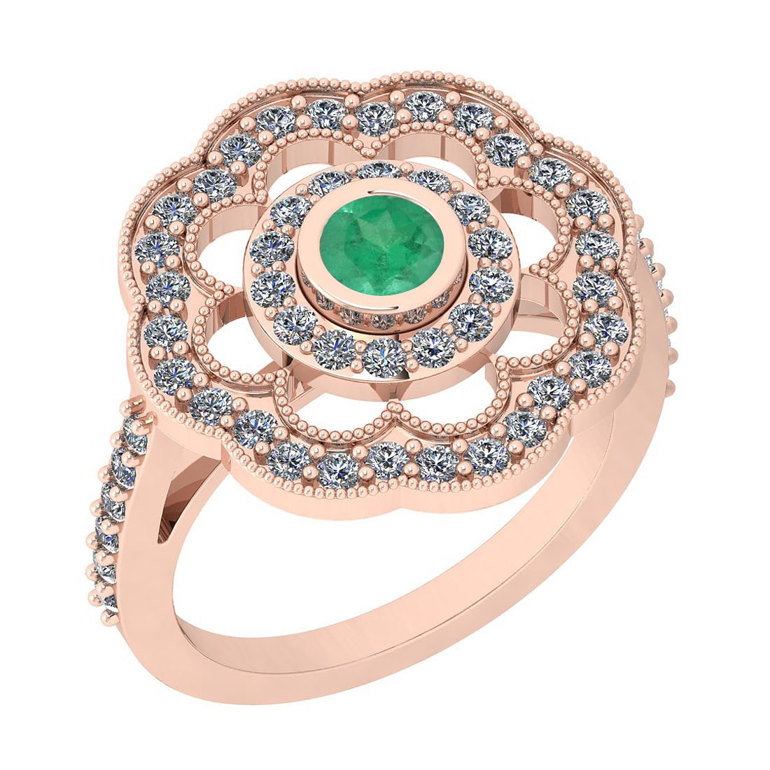 1.09 Ctw SI2/I1 Emerlad And Diamond 14K Rose Gold Engagement Halo Ring: Center Weight : 0.34 Ctw ( Round Cut ) Center Color :- Emerlad Stone Setting : Bezel Side Stone Weight Of Ctw 0.75 Ctw Side Stone Color : J-K Stone Clarity : SI2/I1 Stone Setting : Prong Metal Weight 