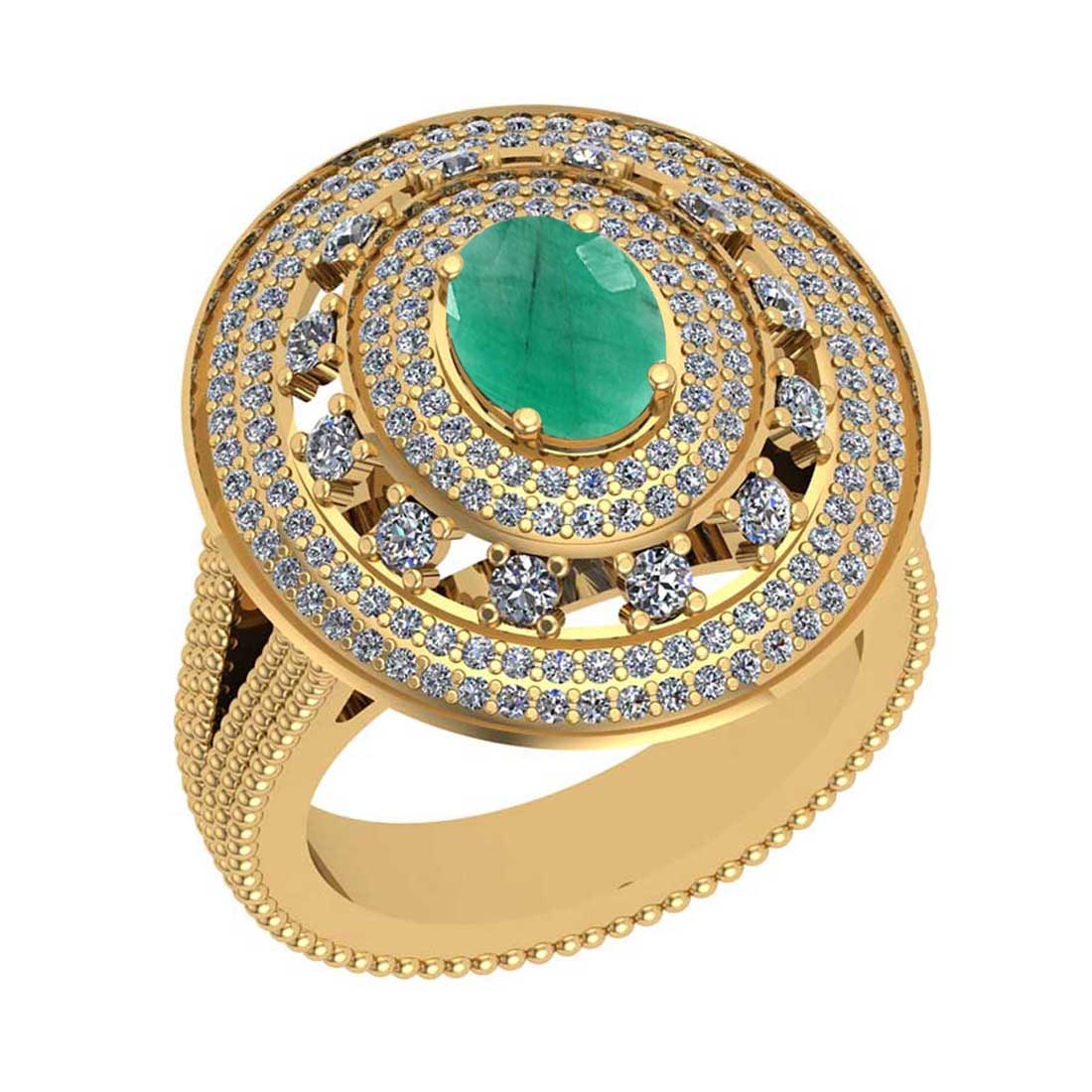 2.46 Ctw SI2/I1Emerald and Diamond 14K Yellow Gold Engagement Ring: Center Stone Weight : 1.25 Ctw ( 1pec Oval Cut) Center stone Color :-Emerald Setting : Prong Side Diamond Weight Of Ctw 1.21 Ctw Color : J-K Clarity : SI2/I1 Stone Setting : Prong Metal Weight : Appro