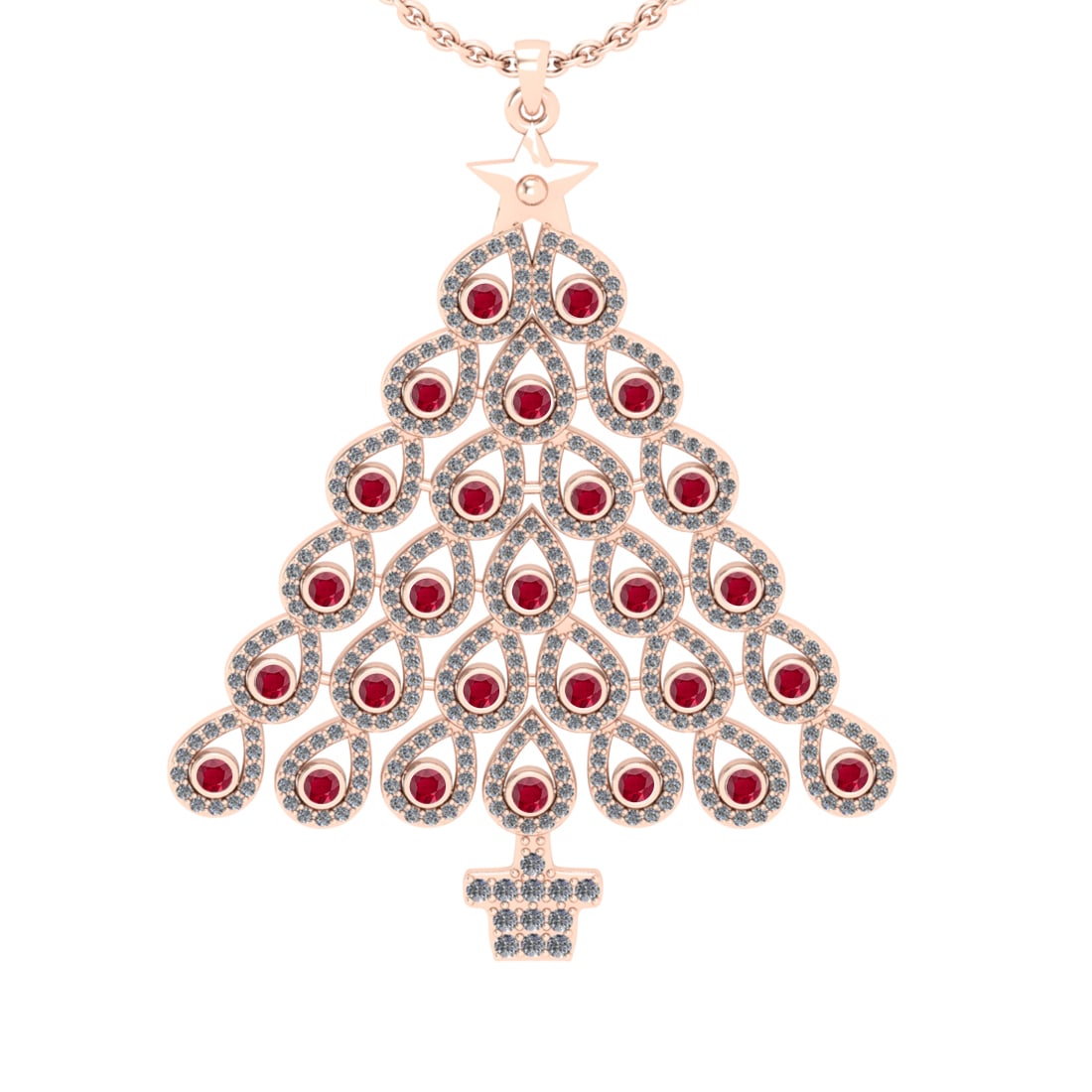 2.89 Ctw SI2/I1 Ruby and Diamond 14K Rose Gold Necklace: Color Stone Weight : 0.94 Ctw ( Round Cut) Stone Color :- Ruby Center Stone Setting : Prong Side Weight Of Ctw 1.95 Ctw Color : J-K Clarity : SI2/I1 Stone Setting : Prong Metal Weight : Approx 13.50 g