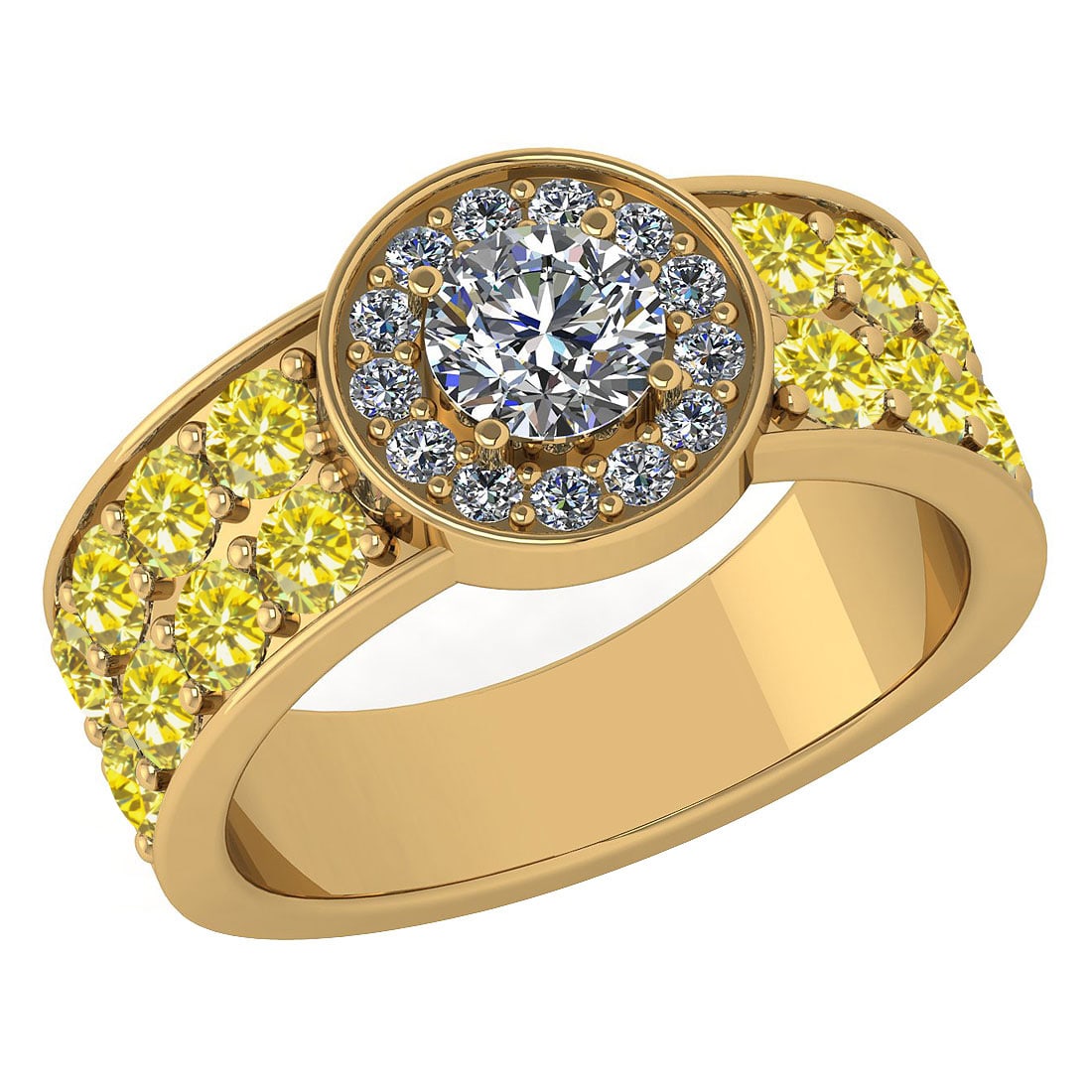 Certified 2.08 Ctw I2/I3 Treated Fancy Yellow And White Diamond 14K Yellow: Center Approx Weight: 0.50 Ctw (Round Cut) Center Color: J-K Center Stone Clarity: I2/I3 Stone Setting: Prong Side Stone 1.40 Ctw Side Stone Color: Treated Fancy Yellow Diamond Stone Clarity: I2/I3 Si