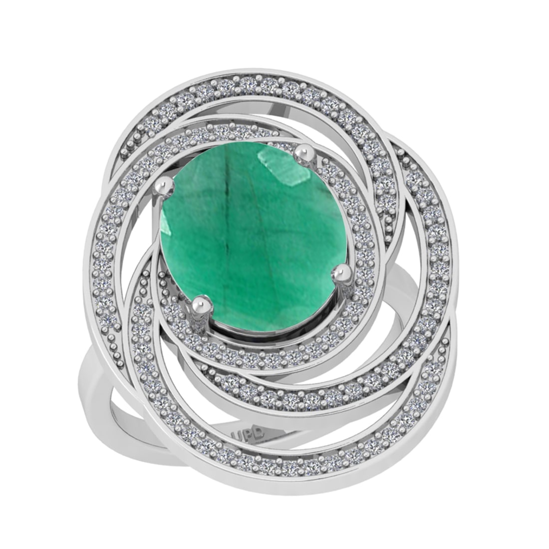 5.53 Ctw I2/I3 Emerald And Diamond 14K White Gold Engagement Ring: Center Stone Weight : 5.05 Ctw ( Oval Cut ) Center Stone Color : Emerald Stone Setting : Prong Side Diamond Weight Of Ctw 0.48 Ctw Side Stone Color : J-K Stone Clarity : SI2/I1 Stone Setting : Prong M