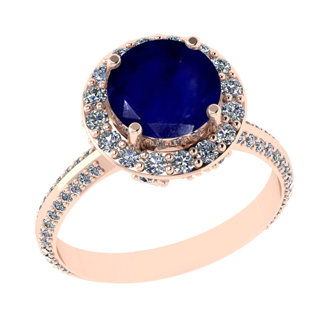 3.26 Ctw I2/I3 Blue Sapphire And Diamond 14K Rose Gold Engagement Ring: Center Stone Weight : 2.00 Ctw ( round Cut ) Center Stone Color : Blue Sapphire Stone Setting : Prong Side Diamond Weight Of Ctw 1.26 Ctw Side Stone Color : J-K Stone Clarity : SI2/I1 Stone Setting : 