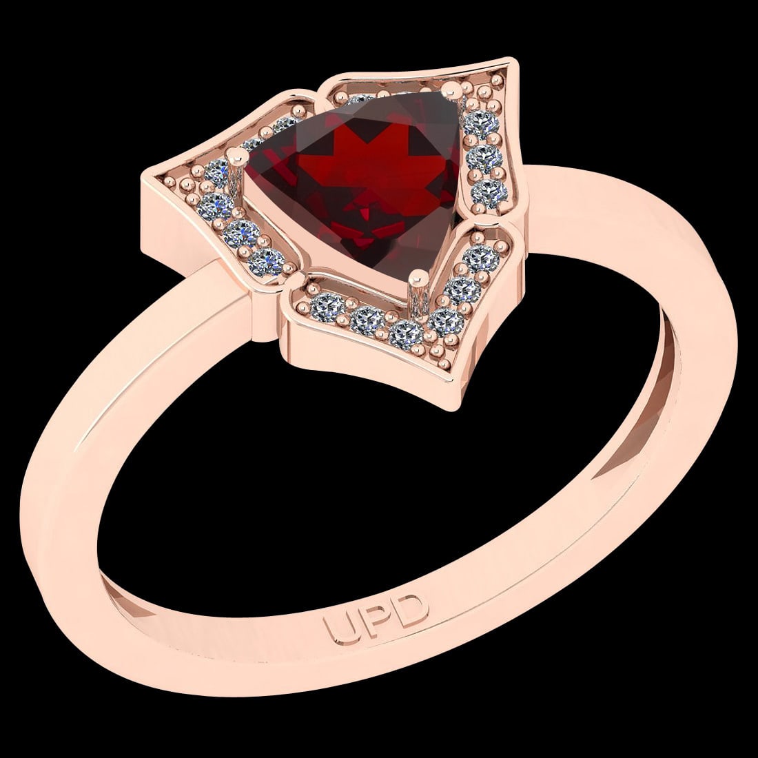 Certified 0.67 Ctw I2/I3 Garnet And Diamond 10K Rose Gold Ring: Center Stone Approx Weight: 0.58 Ctw (Trillion Cut) Center Stone Color: Garnet Center Stone Setting: Prong Side Stone 0.09 Ctw Side Stone Color: J-K Stone Clarity: I2/I3 Stone Setting: Prong Metal Wei